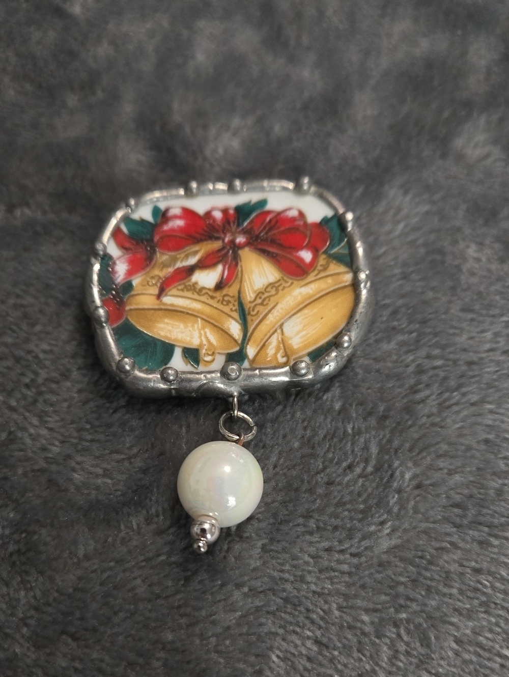 Holiday Christmas Bells Pin Brooch With Metal Framing And  Pearl Dangle